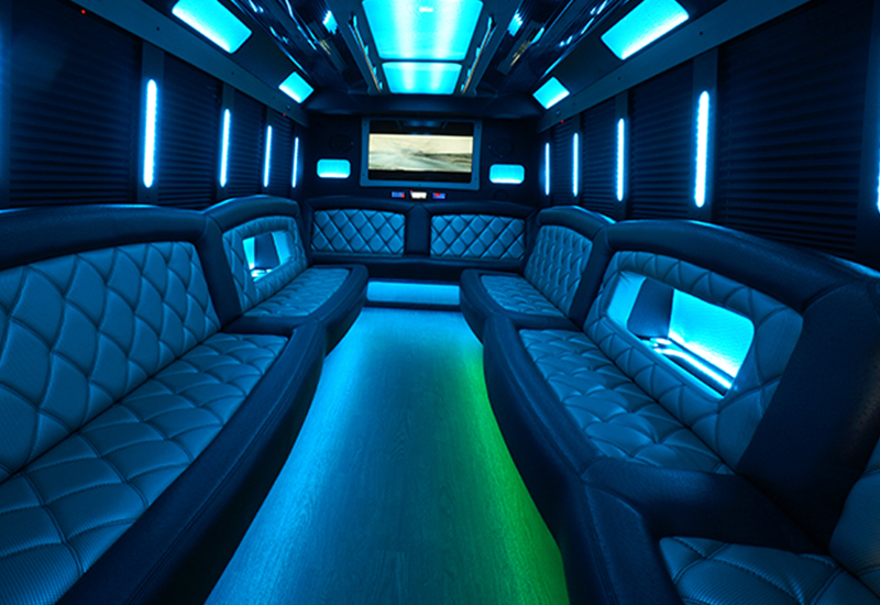 Our Florida party bus with leather perimeter seating