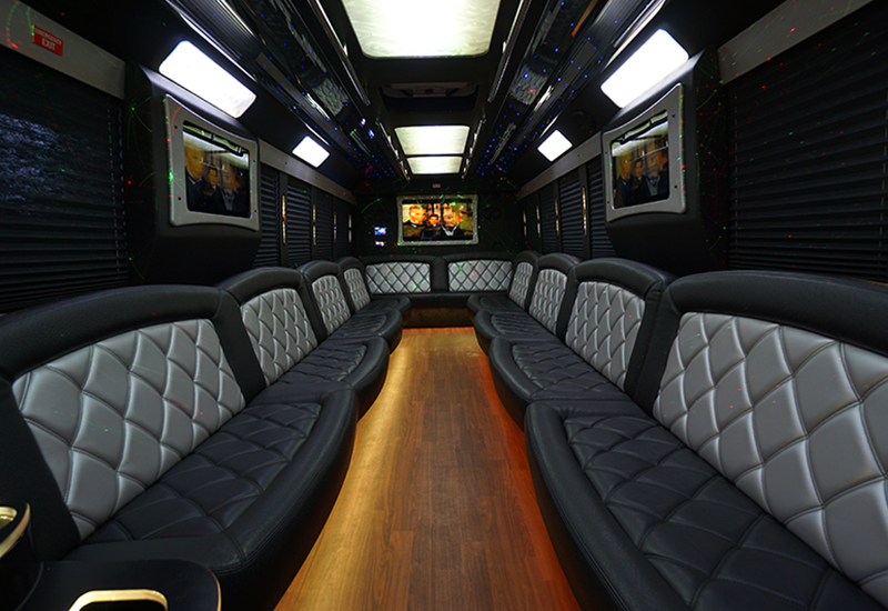 Limo bus with polished hardwood flooring